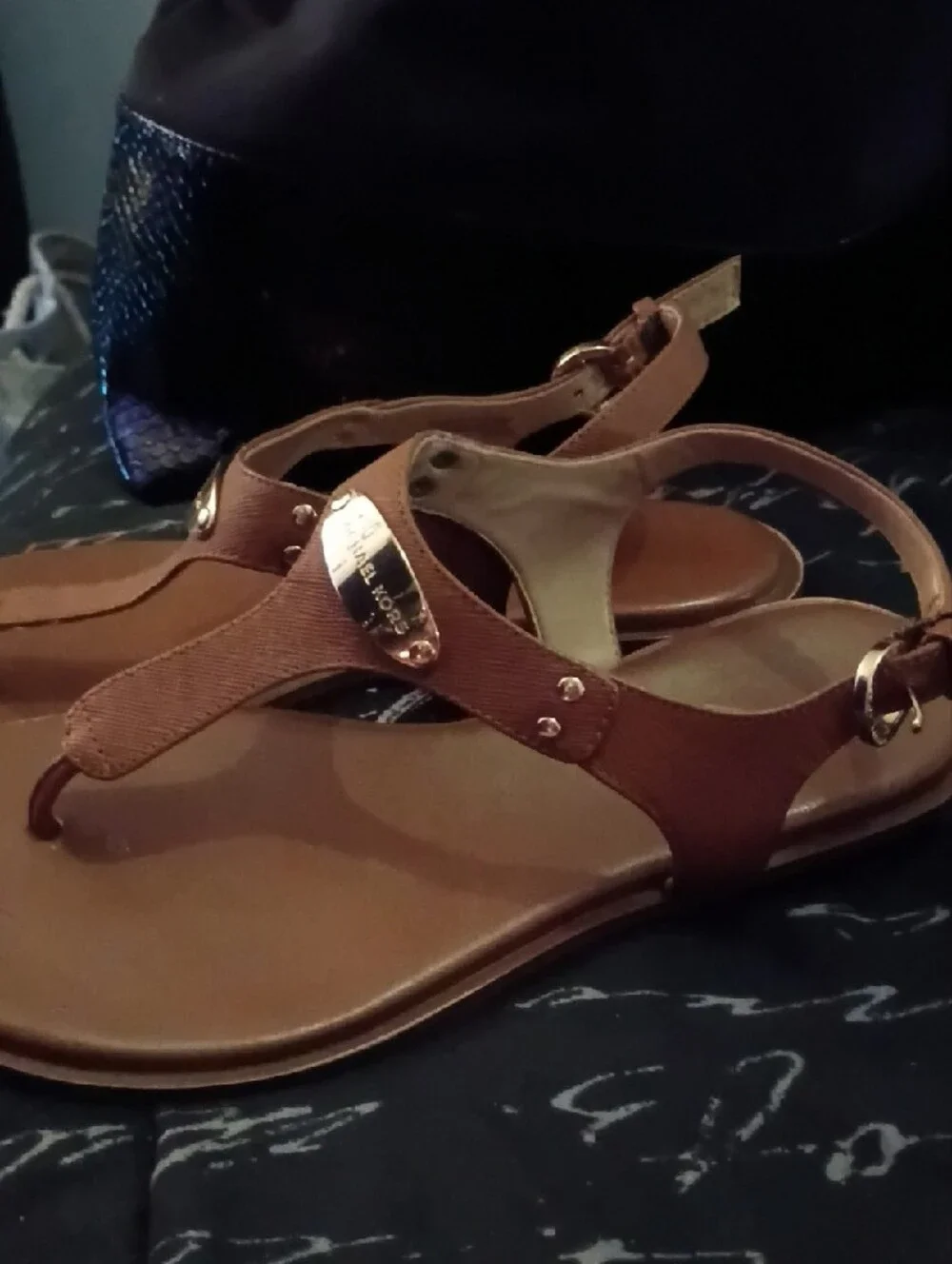Michael Kors Brown Leather T-Strap Sandals with Gold Accent